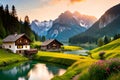 A Swiss riverscape, where a meandering river winds through a picturesque meadow, embraced by traditional alpine homes