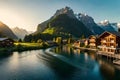 A Swiss riverside settlement, where wooden cottages harmonize with the natural beauty of the river and the surrounding mountains