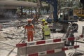 Swiss road construction workers working on the tram rails. Royalty Free Stock Photo