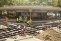 Swiss road construction workers working on the tram rails. Royalty Free Stock Photo
