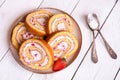 Swiss roll with strawberries and cream, homemde dessert