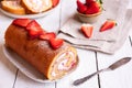 Swiss roll with strawberries and cream, homemde dessert Royalty Free Stock Photo