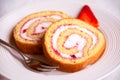 Swiss roll with strawberries and cream, homemde dessert Royalty Free Stock Photo