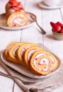 Swiss roll with strawberries and cream, homemde dessert Royalty Free Stock Photo