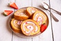 Swiss roll with strawberries and cream, homemde dessert Royalty Free Stock Photo