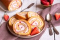 Swiss roll with strawberries and cream, homemde dessert Royalty Free Stock Photo