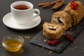 Swiss rolls on a plate and cup of tea