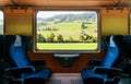 Swiss rural farmland through train window, Train travel concept Royalty Free Stock Photo