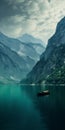 Swiss Style Boat In Lake: Dark Aquamarine 8k Resolution Landscape