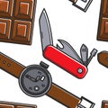 Swiss symbols seamless pattern chocolate knife and watch