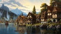 Swiss Village by the Lake Royalty Free Stock Photo