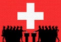 Swiss voters crowd silhouette in election with Switzerland flag