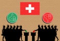 Swiss voters crowd silhouette in election with thumb icons and S