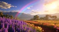 rainbow on sunset sky across a stunning vista landscape,mountains wildflowers sun flares Royalty Free Stock Photo