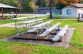 Swissvale, Pennsylvania, USA 10/29/2019 Metal bleachers for viewing sporting events at Les Getz Field