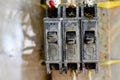 Switch electrical safety circuit breaker box, damaged by the sun,