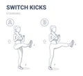 Switch Kicks Exercise Women Home Legs Workout Guidance Flat Outline Illustration.