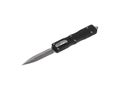 Switchblade automatic out-the-front OTF knife with black handle and black tactical blade double edge. Pocket penknife with