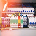 Switchboard with many switches and cables. Power shield lighting. electric connection wires of fuse switch box. Mobile photo