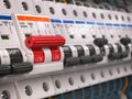 Switches in fusebox. Many black circuit breakers in a row Royalty Free Stock Photo