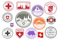 Switzerland and Alps rubber stamp set, swiss cities badges, labels and symbols, emblems and flags Royalty Free Stock Photo