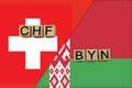 Switzerland and Belarus currencies codes on national flags background