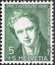Switzerland - Circa 1946: a postage stamp printed in the Switzerland showing a portrait of the painter and writer Rodolphe Toepffe