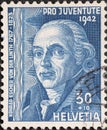 Switzerland - Circa 1942 : a postage stamp printed in the Switzerland showing a portrait of the scientist, civil engineer, silk ma