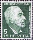 Switzerland - Circa 1947 : a postage stamp printed in the swiss showing a portrait of the cultural and art historian Jacob Burckha