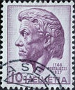 Switzerland - Circa 1946 : a postage stamp printed in the swiss showing a portrait of the pedagogue, philosopher and politician Jo