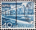 Switzerland - Circa 1949 : a postage stamp printed in the swiss showing the Rhine port in Basel