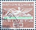 Switzerland - Circa 1962 : a postage stamp printed in the swiss showing a sculpture for the opening of the philatelic museum Palai