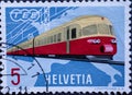 Switzerland - Circa 1962 : a postage stamp printed in the swiss showing a Swiss electric train TEE train with a map of Europe