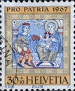 Switzerland - Circa 1967: a postage stamp printed in the Switzerland showing Maria with the child of Christ at the adoration of th