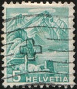 SWITZERLAND - CIRCA 1936: stamp 5 Swiss centimes printed by Swiss Confederation, shows Pilatus Mountain viewed from Stansstad