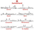 Switzerland cities outline skylines vector set