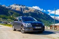 SWITZERLAND, DAVOS - MAI 2017: Toyota Avensis T25 in Alps mountains, Samedan, Maloja, Graubuenden Switzerland