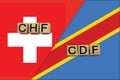 Switzerland and Democratic Republic of the Congo currencies codes on national flags background