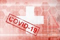 Switzerland flag and futuristic digital abstract composition with Covid-19 stamp. Coronavirus outbreak concept
