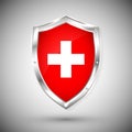 Switzerland flag on metal shiny shield vector illustration. Collection of flags on shield against white background. Abstract isola