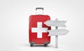 Switzerland flag travel suitcase with wooden guide signpost. 3D Render