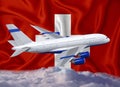 Switzerland flag with white airplane and clouds. The concept of tourist international passenger transportation