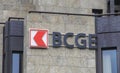 Switzerland; Geneva; March 9, 2018; BCGE sign board; The Cantonal Bank of Geneva was founded in 1861