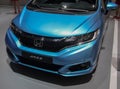 Switzerland; Geneva; March 10, 2018; Blue Honda Jazz front; The 88th International Motor Show in Geneva from 8th to 18th of March Royalty Free Stock Photo