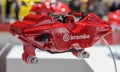 Switzerland; Geneva; March 10, 2019; BREMBO aluminium caliper profile view; The 89th International Motor Show in Geneva from 7th