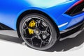 Switzerland; Geneva; March 8, 2018; The Lamborghini Huracan Performante Spyder rear left wheel; The 88th International Motor Show