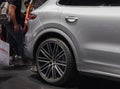 Switzerland; Geneva; March 10, 2019; Porsche Cayenne turbo right rear wheel; The 89th International Motor Show in Geneva from 7th