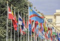 Switzerland; Geneva; March 9, 2018; Two rows of the United Nations member states flags; Front of the United Nations Office in Gen