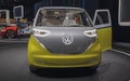 Switzerland; Geneva; March 8, 2018; Volkswagen Buzz front with opened left door; the 88th International Motor Show in Geneva from