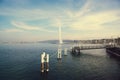 Switzerland, Geneva, view of Lake Geneva and the famous fountain Royalty Free Stock Photo